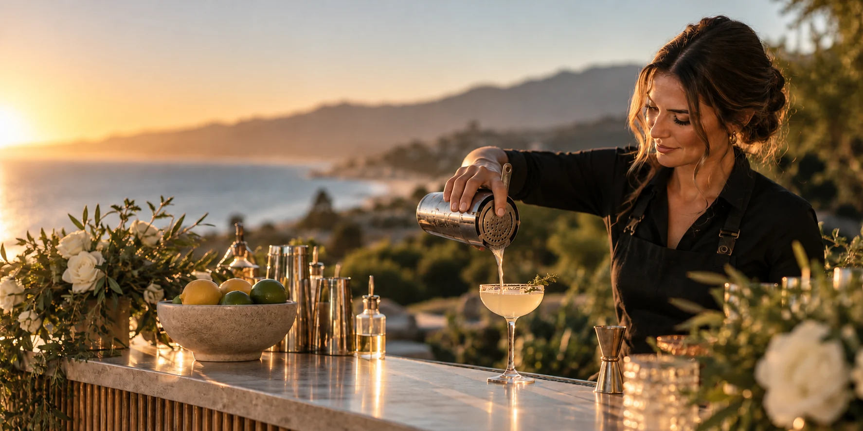 Bartender pouring a cocktail at a sunset coastal event