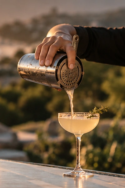 Female bartender pouring a cocktail through a strainer
